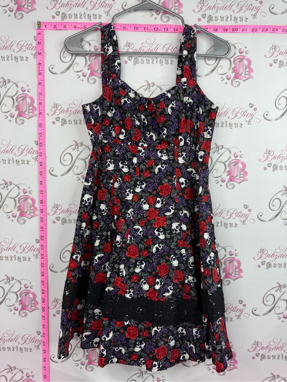 Hot Topic Black Dress with Red & Purple Floral Skull Print